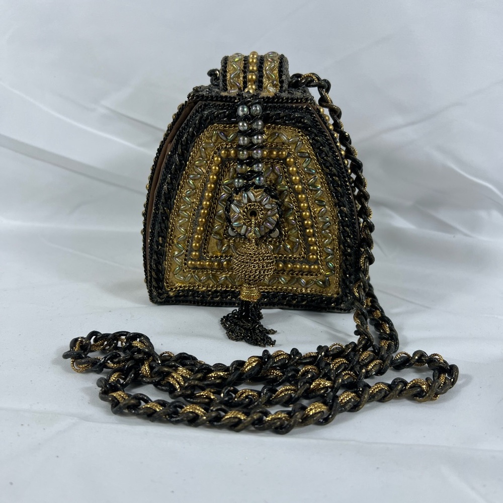 Mary Frances Vintage Beaded Pyramid Evening Bag with Chain Strap | Gold & Black